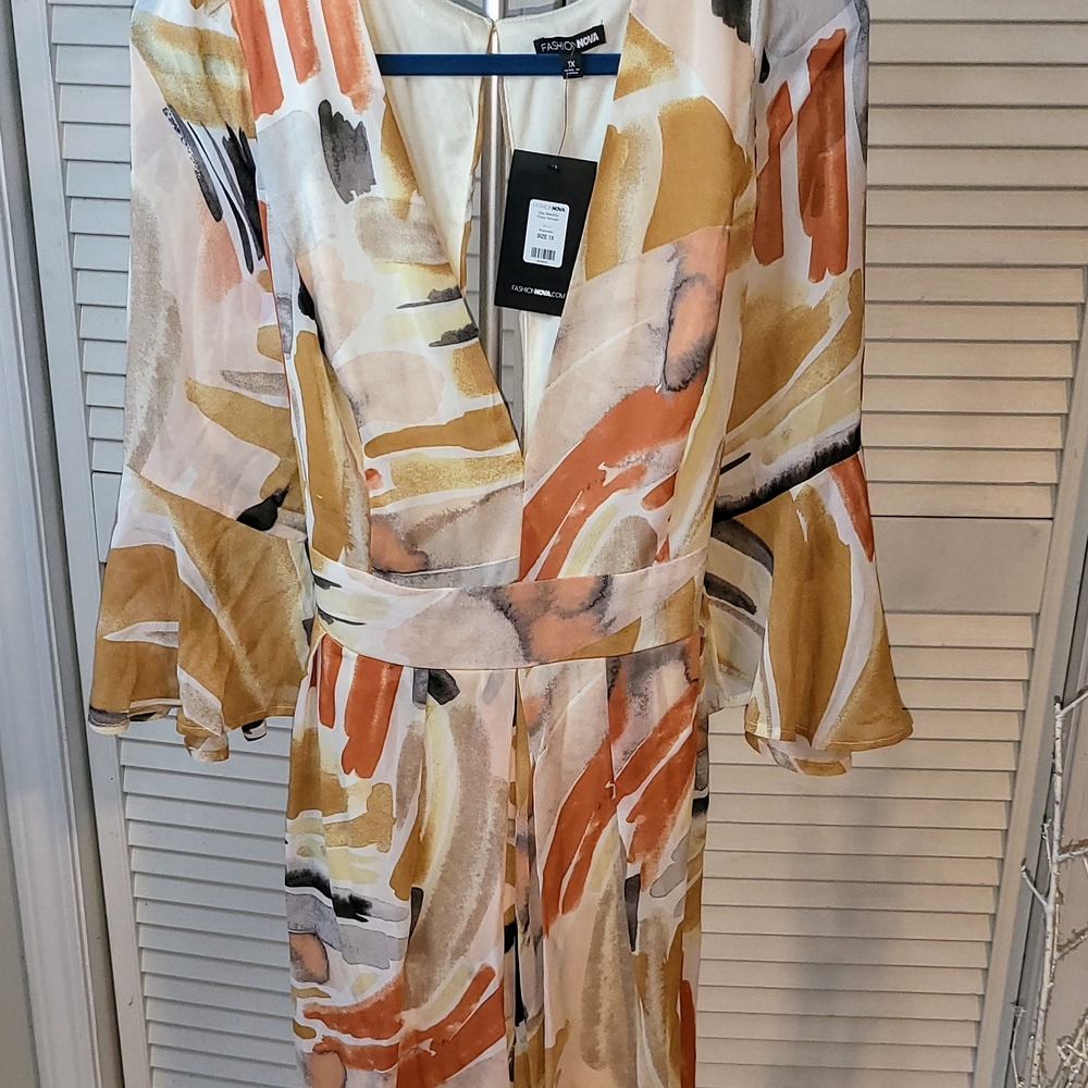 Fashion Nova Cream and Tan Abstract Romper